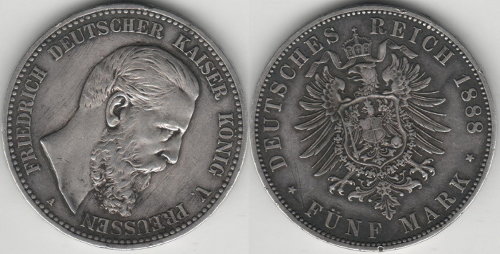(1888) Монета Германия 1888 год 5 марок &quot;Кайзер Фридрих&quot;  Серебро Ag 900  UNC